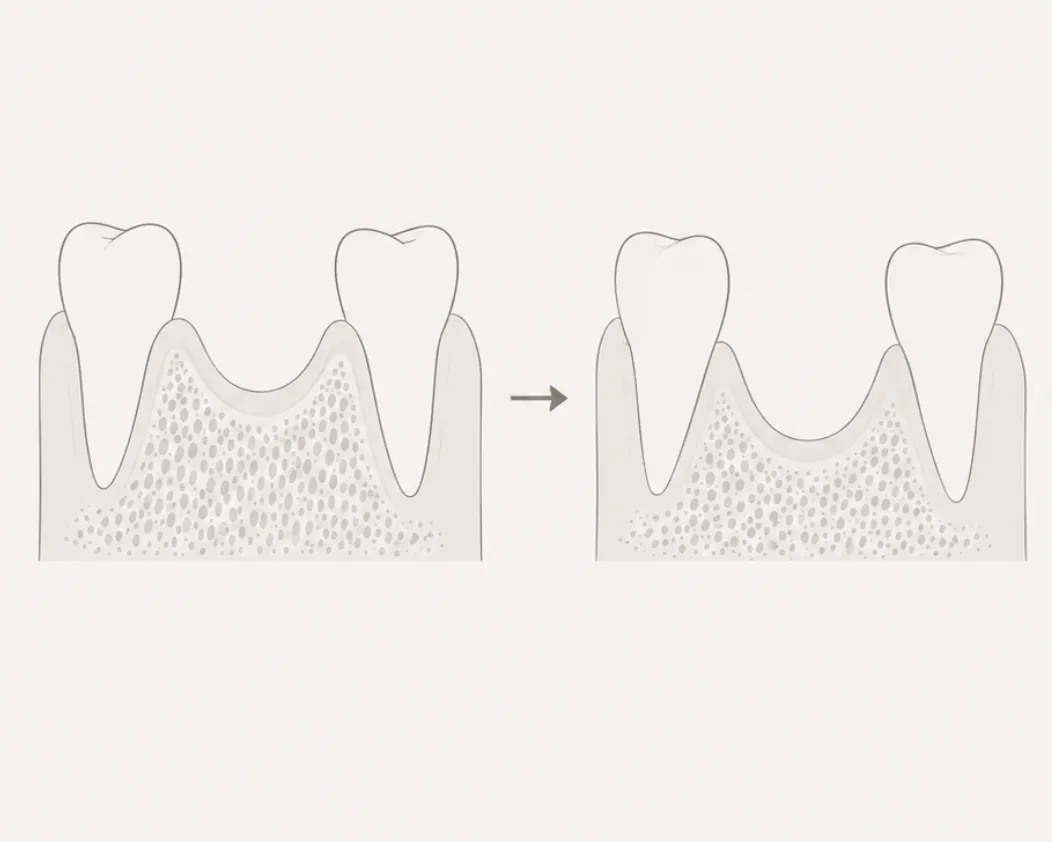 After a tooth is lost, the jawbone naturally begins to shrink because it is no longer being stimulated by the tooth root. Illustration showing how the jawbone naturally shrinks over time after a tooth is lost if it is not replaced.
