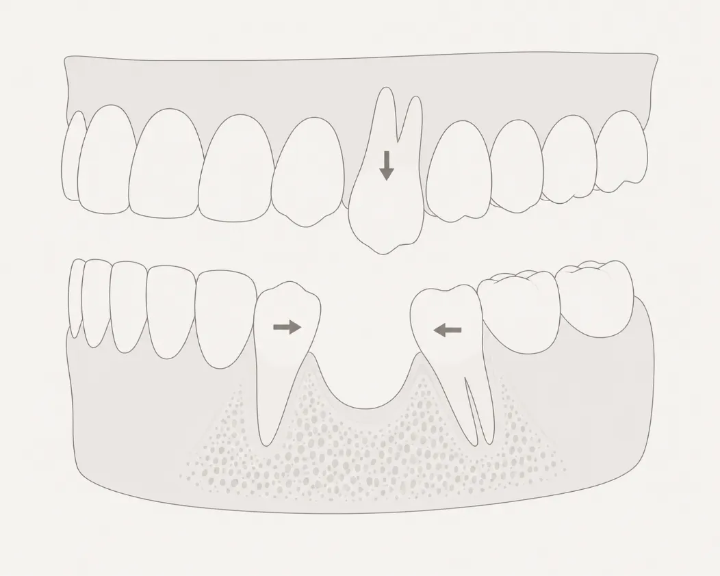 Without replacing a missing tooth, neighbouring teeth can gradually move into the space, affecting your bite and making future treatment more complex. Illustration showing how neighbouring teeth can drift and opposing teeth can over-erupt after a missing tooth, increasing the risk of bite problems and bone loss.